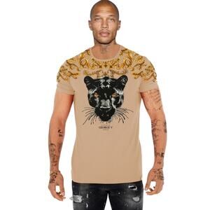 Avenue‎ George V beige black panther rhinestone short sleeve mens shirt SIZE XXL